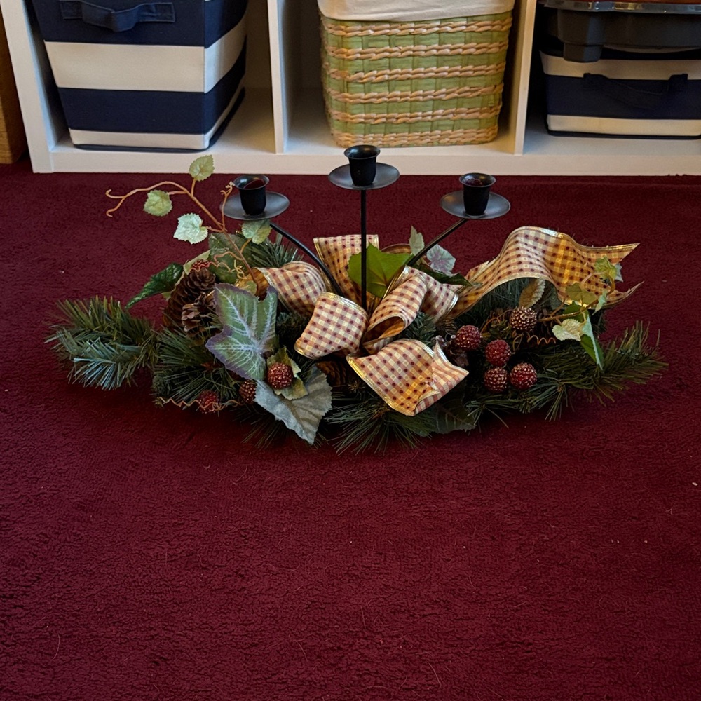 Festive Holiday Candle Holder with Greenery and Berries